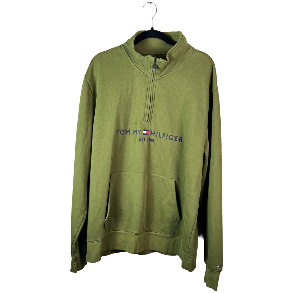 Tommy Hilfiger Quarter Zip Sweatshirt Men's XXL Olive Green Preppy Streetwear